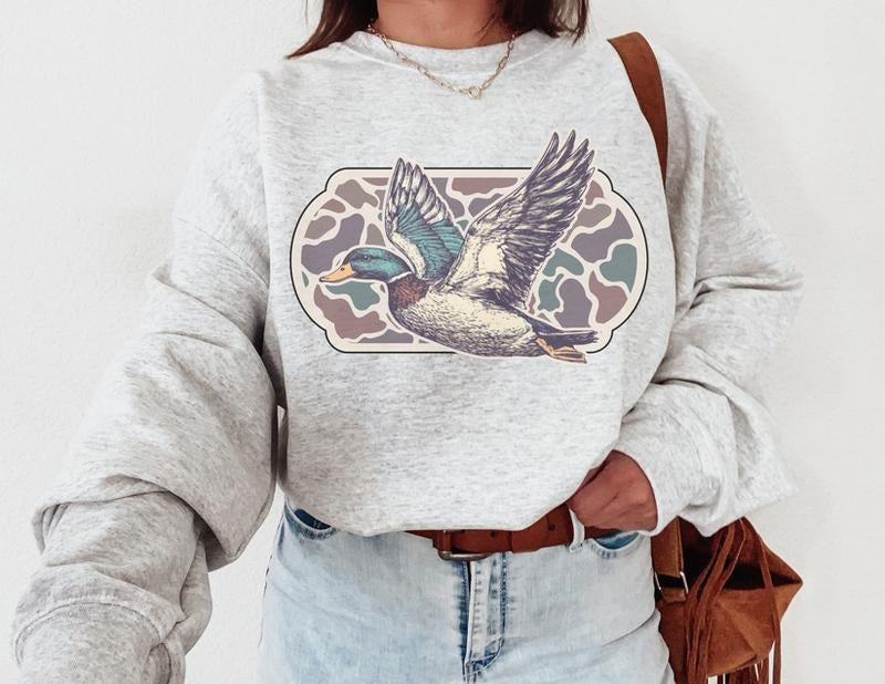 Camo Flying Mallard Bird Sweatshirt, Funny Duck Shirt, Duck Hunting Trendy Sweater