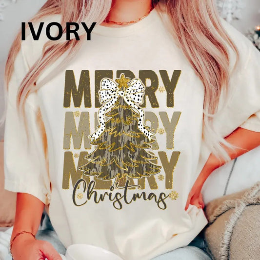Camo Merry Christmas Shirt, Hunting Christmas Shirt, Camouflage Comfort Colors, Women's Oversized Christmas Shirt - Printed Design Casual Cotton