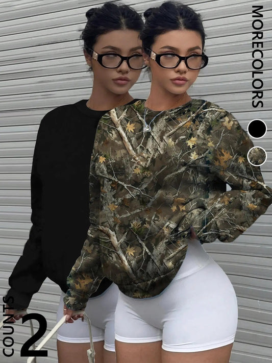 Unisex's Plain / Camo Print Round Neck Sweatshirt, Casual Long Sleeve Pullover for Fall & Winter, Unisex's Clothes for Daily Wear