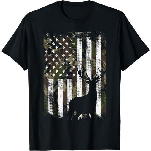 Camo US Flag Deer Elk Buck Camoflage Hunting Hunter Dad Gift Short Sleeve T-Shirt Made in USA