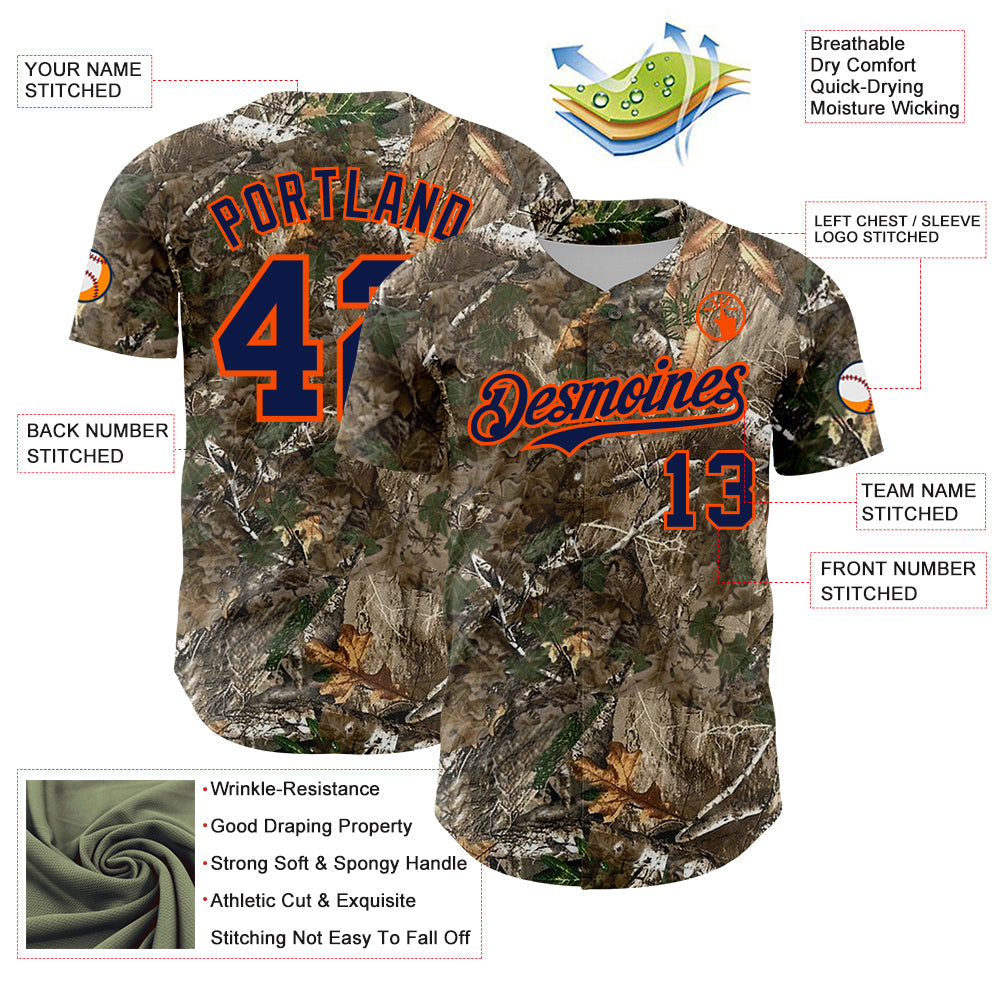 Custom Camo Navy-Orange Woodland Forest Camouflage Authentic Salute To Service Baseball Jersey