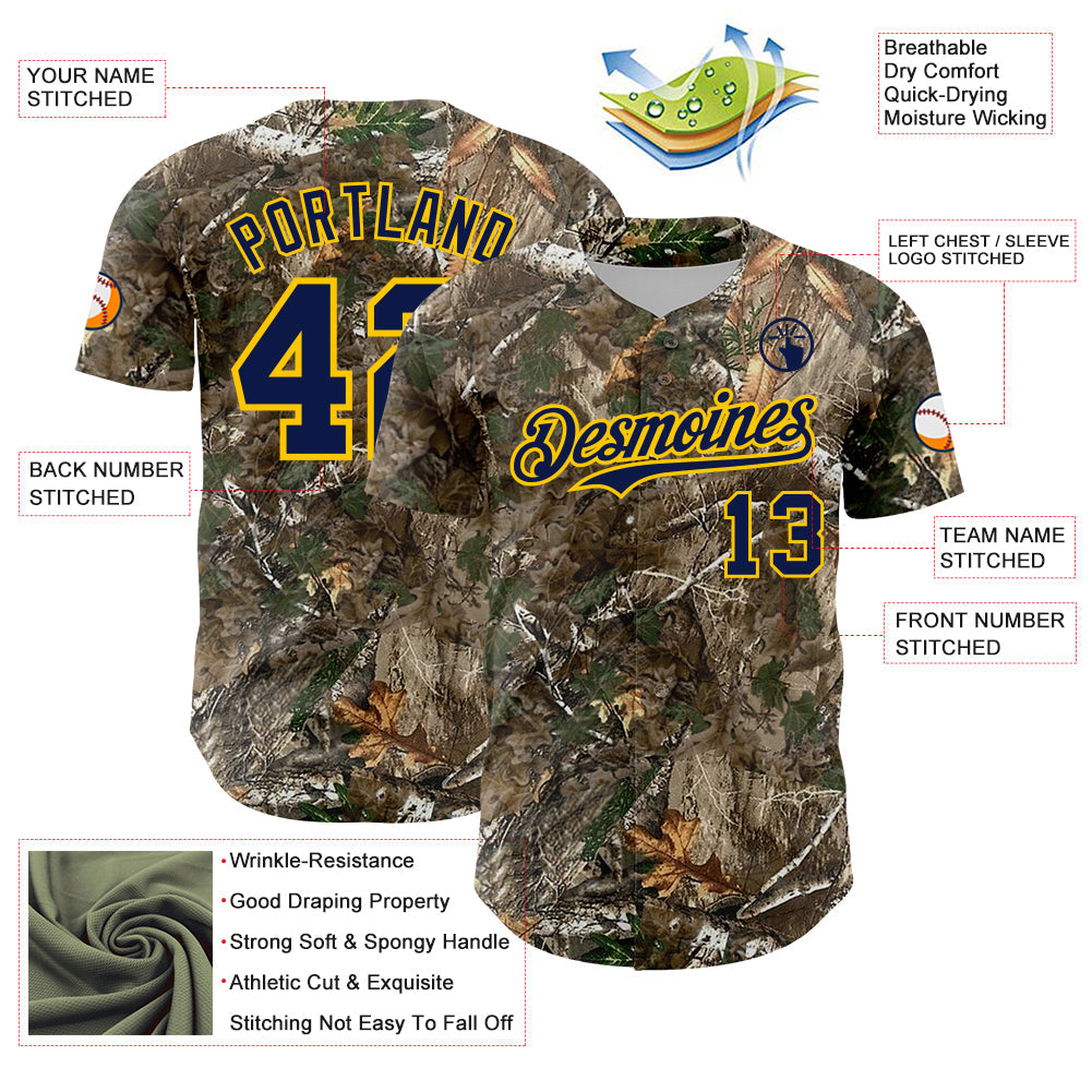 Custom Camo Navy-Yellow Woodland Forest Camouflage Authentic Salute To Service Baseball Jersey