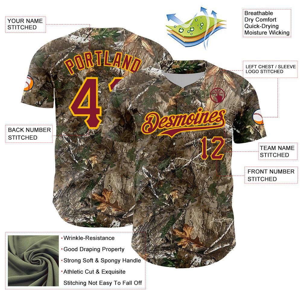 Custom Camo Crimson-Gold Woodland Forest Camouflage Authentic Salute To Service Baseball Jersey