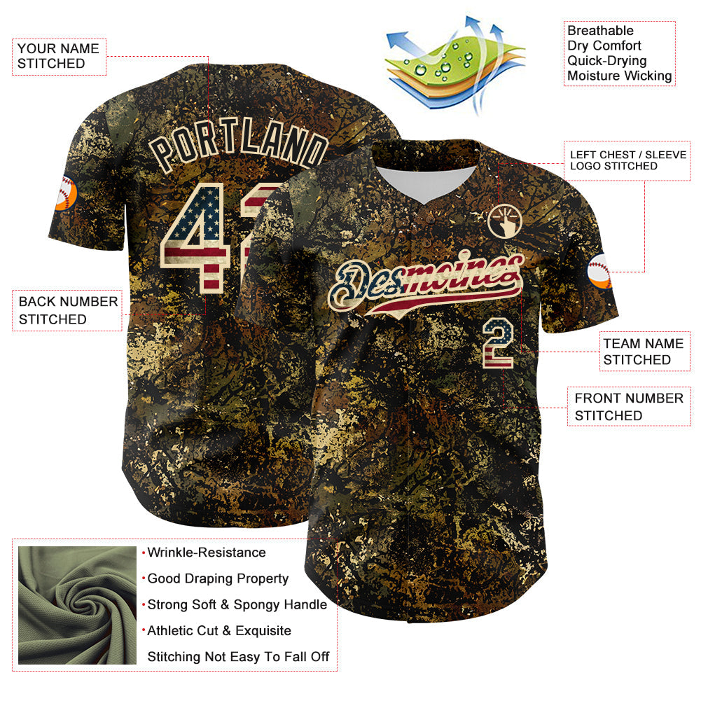 Custom Camo Vintage USA Flag Cream-Black Woodland Forest Tactical Camouflage Outdoor Leaf Authentic Baseball Jersey
