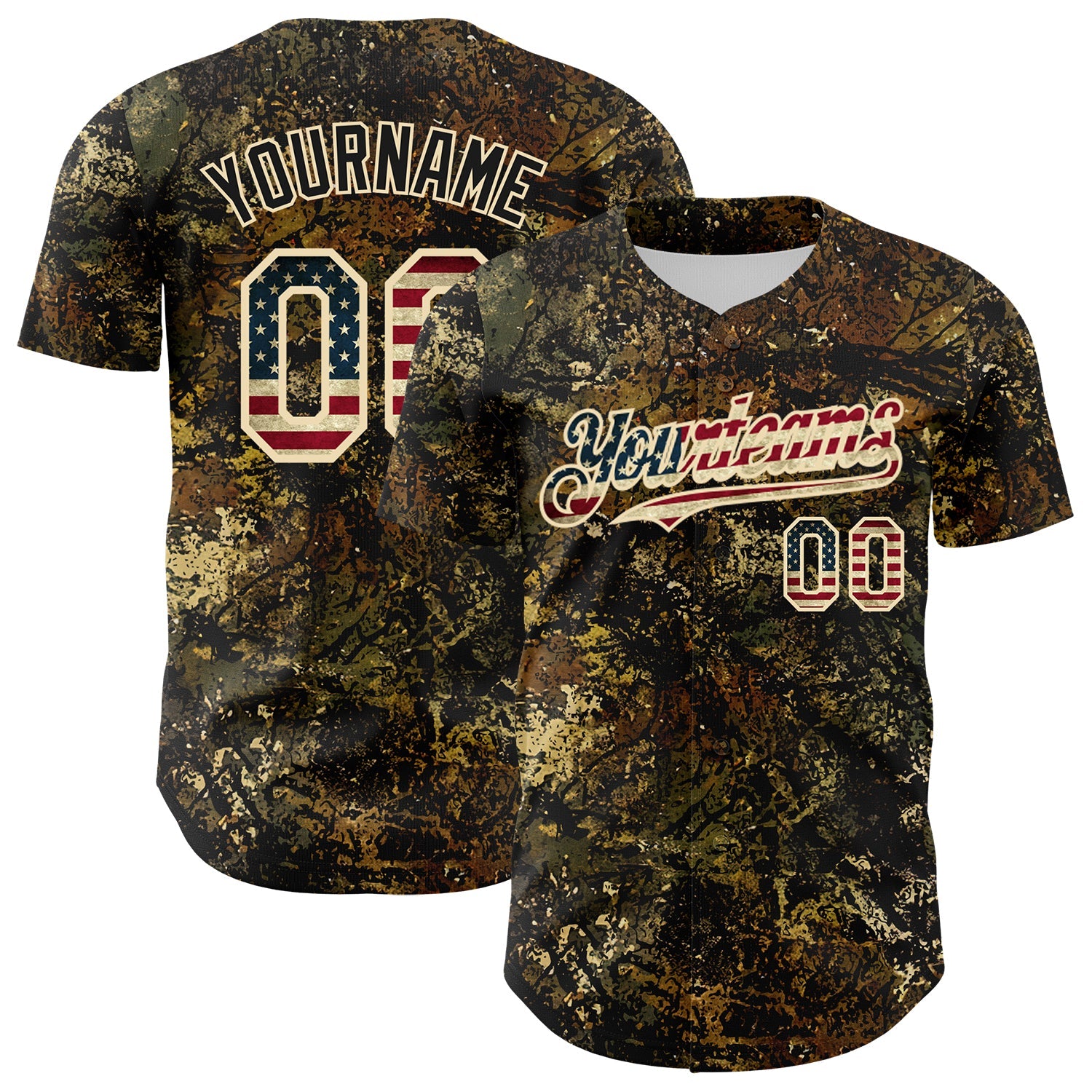 Custom Camo Vintage USA Flag Cream-Black Woodland Forest Tactical Camouflage Outdoor Leaf Authentic Baseball Jersey