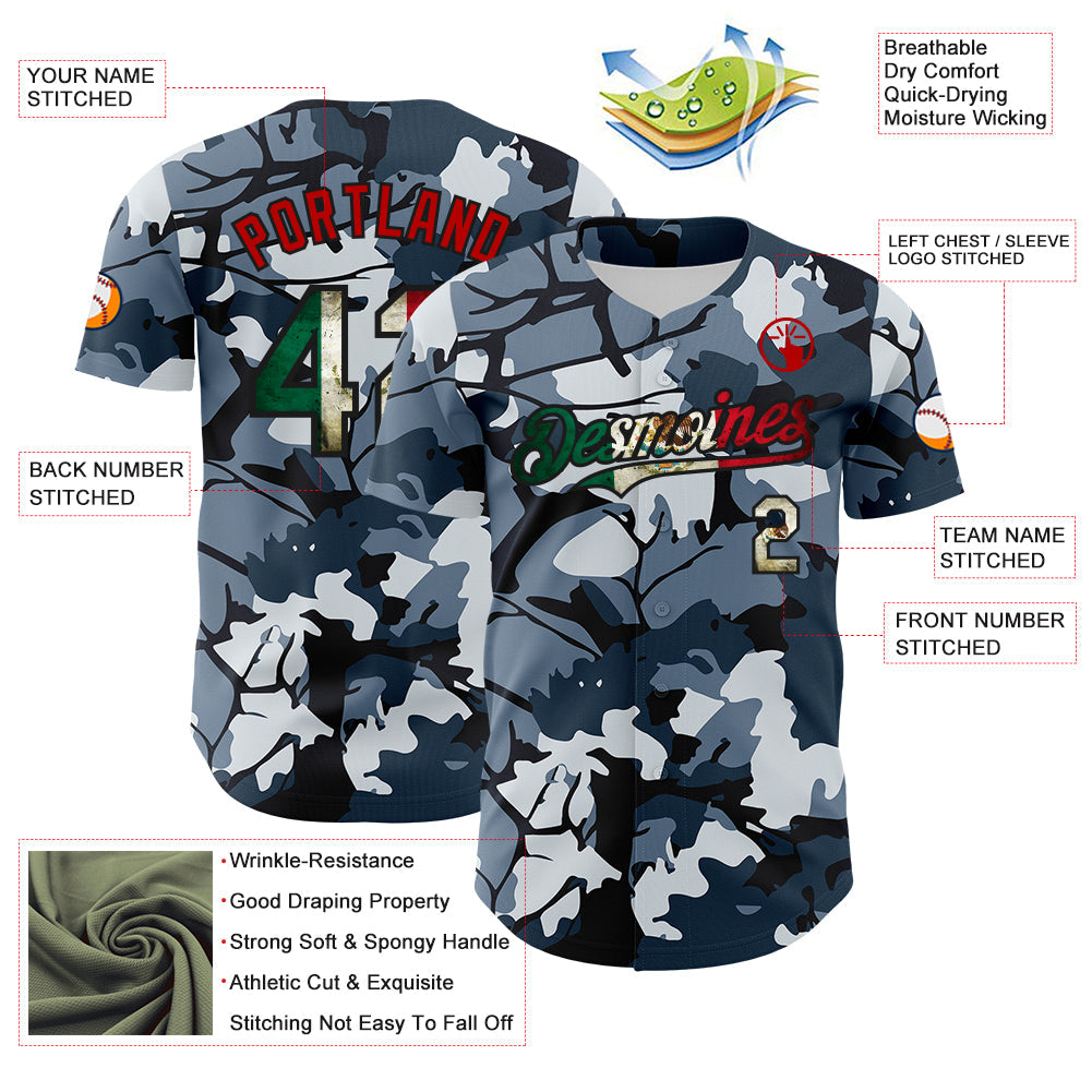 Custom Camo Vintage Mexican Flag Black-Red Woodland Forest Tactical Camouflage Outdoor Leaf Authentic Baseball Jersey