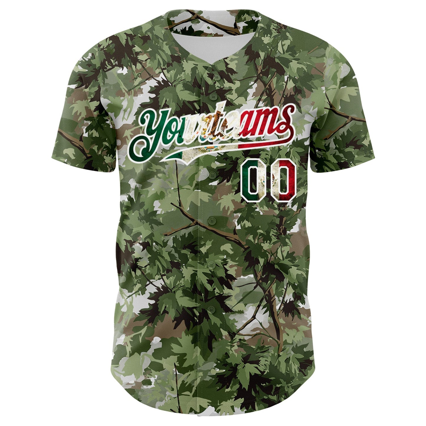 Custom Camo Vintage Mexican Flag White-Olive Woodland Forest Tactical Camouflage Outdoor Leaf Authentic Baseball Jersey