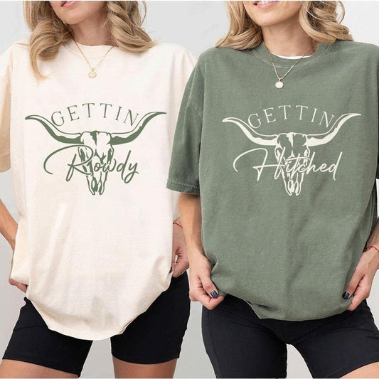Camp Bachelorette Comfort Shirt, Getting Rowdy Getting Hitched Bachelorette Party Shirt, Bridal Party Shirt, Nashville Girls Trip Shirt, Cow Girls Bachelorette Comfort Tee, Western Bachelorette Women Top