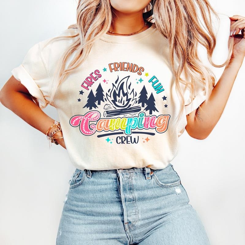 Camping Crew T-Shirt, Camping T-Shirt, Summer Vibes T-Shirt, Bright Doodle, Dalmatian Dots, Summer T-Shirt, Camping Shirt