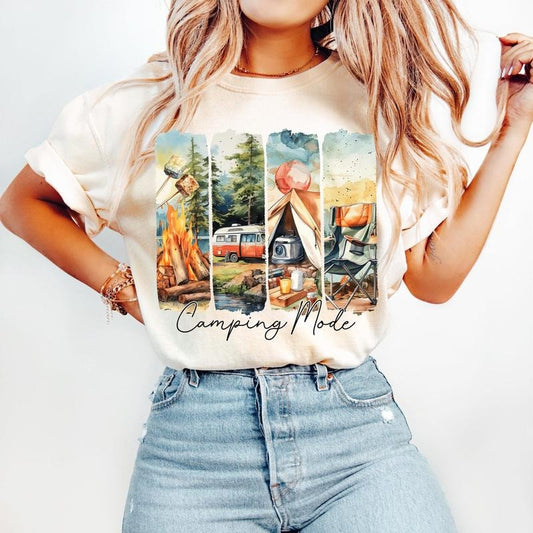 Camping Mode Shirt, Retro Summer Family Adventure Brushstroke, Outdoors, Camping Shirt, Vintage Camping Style