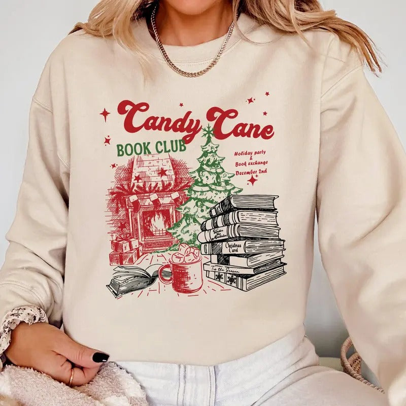 Candy Cane Book Club, Christmas, Reading, Winter, Santa, Xmas Sweatshirt, Women's Crew Neck, Crewneck T-Shirts, Hoodie