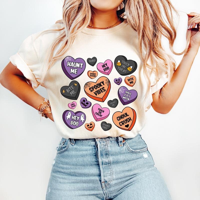 Candy Hearts Halloween Shirt, Retro Halloween Sweatshirt, Halloween Spooky Vibes Shirt, Halloween Shirt, Fall Pumpkin Sweater, Fall Halloween Sweatshirt
