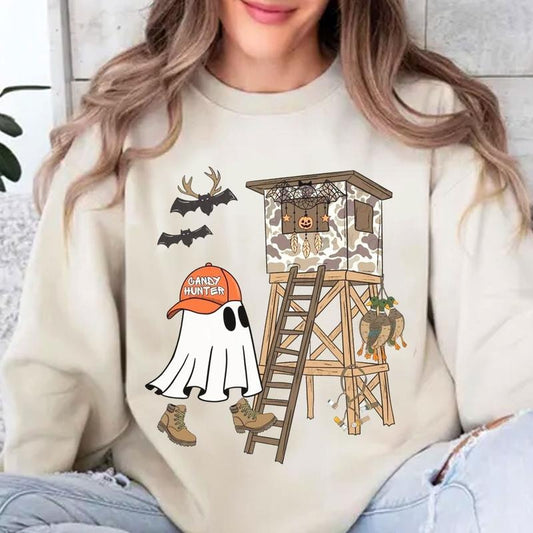 Candy Hunter Camo Ghost Halloween Crewneck Unisex Sweater, Camouflage Spooky Fall Candy Hunter Pumpkin Shirt, Halloween Gifts for Outdoor Lovers