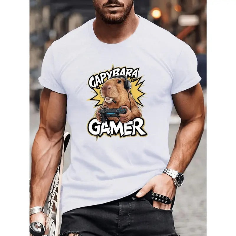 Capybara Gamer Graphic T-Shirt Men's Polyester Knit Crew Neck Casual Short Sleeve Tee with Geometric Capybara Print for Summer Made in USA