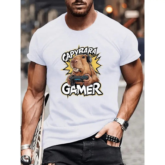 Capybara Gamer Graphic T-Shirt Men's Polyester Knit Crew Neck Casual Short Sleeve Tee with Geometric Capybara Print for Summer Made in USA
