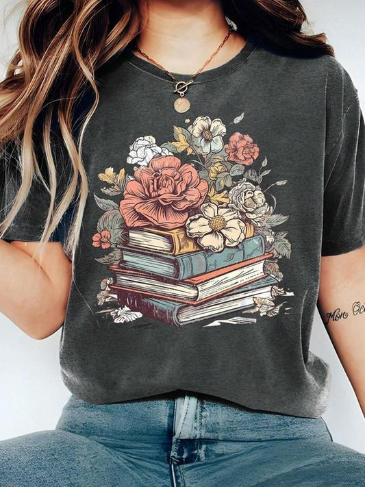 Cartoon Floral & Books Print Round Neck Comfort Color Tee, Fashion Casual Short Sleeve T-shirt, Ladies Summer Clothes for Daily Wear