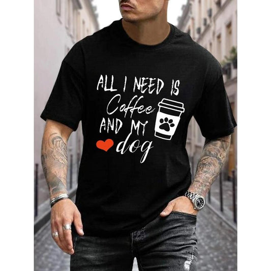 Casual Geometric Pattern Short Sleeve Coffee And My Dog Print T-Shirt for Men - Relaxed Fit, Slight Stretch Fabric, Crew Neck, All-Season Wear - Perfect for Summer Tees and Everyday Lounging Made in USA