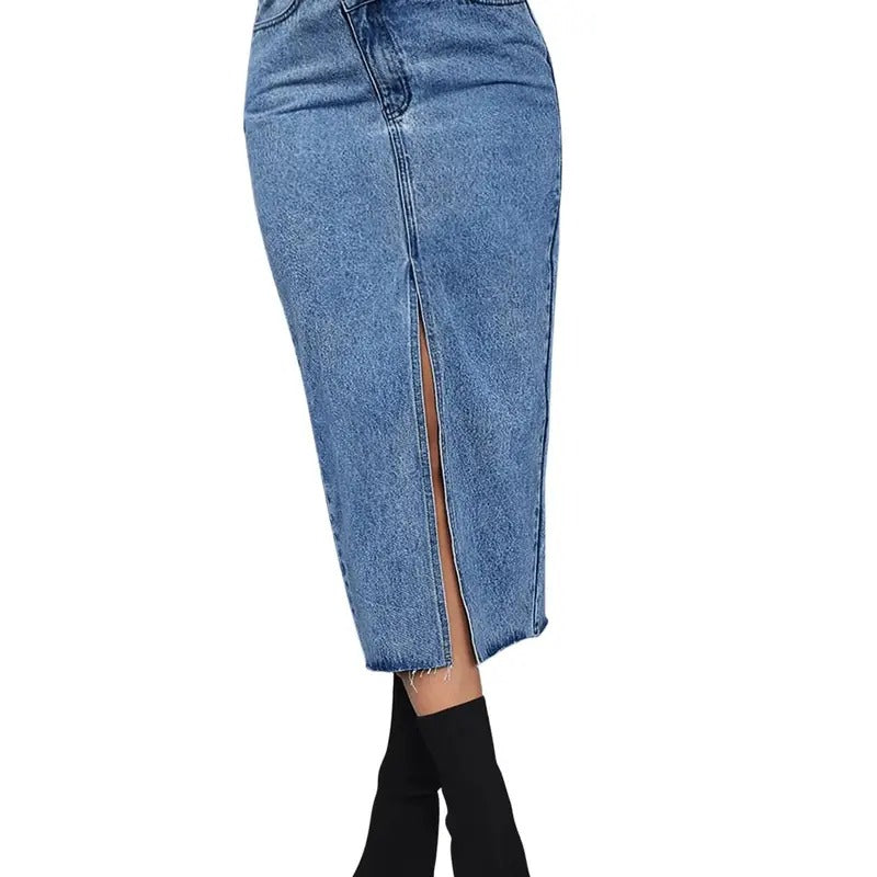Casual High Waist Denim Skirt Split Hem Raw Trim Midi Jean Skirts