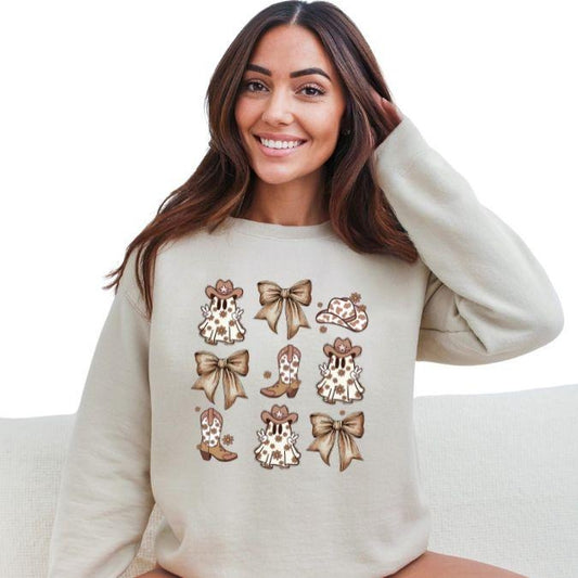 Casual Western Coquette Ghost Sweatshirt for Women - Cowboy, Cowgirl Style with Long Sleeves Crewneck Halloween Coquette Pullover Sweater - Womenswear, Cotton, Comfortable