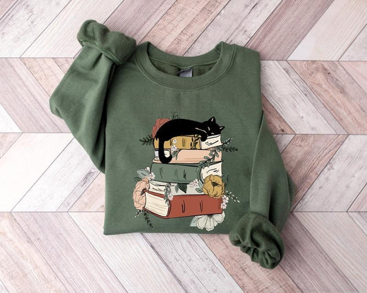 Cat Book Sweatshirt, Vintage Books And Cats Crewneck, Floral Book Reading Sweatshirt, Cat Lover Gift, Book Lovers, Bookish Sweatshirt