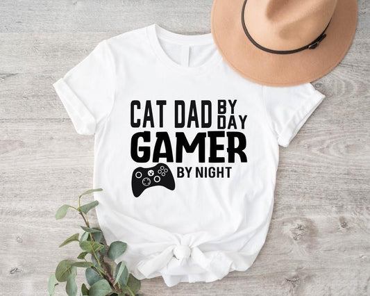 Cat Dad By Day Gamer By Night Shirt Menswear Top Gamer Cat Dad T-shirt Pet Lover Gift Tee Cat Owner Short Sleeve Gamer by Night Shirt Fur Parent Tee Sweatshirt Hoodie Comfort Colors