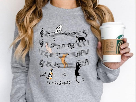 Cat Funny Music Notes Sweatshirt, Funny Musician Sweatshirt, Cute Music Sweatshirt, Cat And Music Lover Sweatshirt, Music Note Gift   Hoodie and Sweater; T-shirt Cotton Polyester Womenswear Light