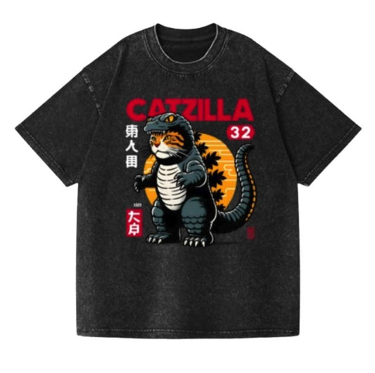 Cat Godzilla Vintage Wash Japanese Design T-Shirt Womenswear Streetwear Summer Crewneck Tshirt