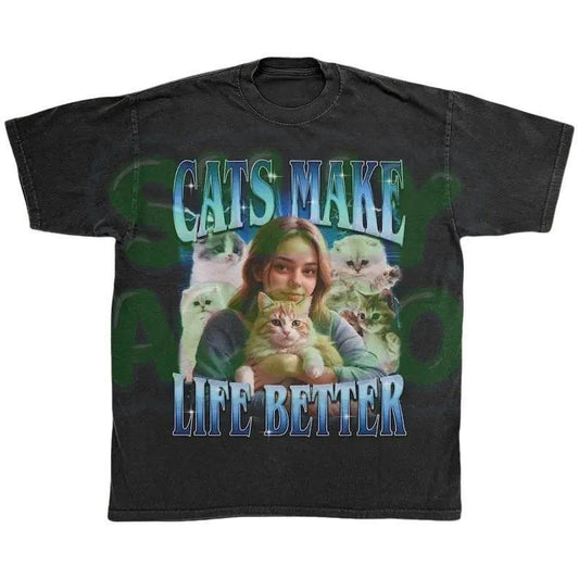 Cat Lover Shirt, Vintage Style Cat Tee, Cats Make Life Better Shirt, Retro 90s Graphic Tshirt, Cat Lady Tee, Aesthetic Cat Mom Gift Womenswear Cotton
