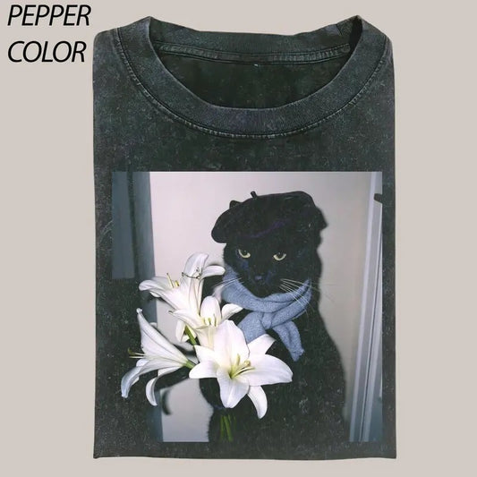 Cat love T-Shirt, Cat cute Vintage Graphic Tee, Funny Cat Shirt, cat and flowers Women's T-shirts Streetwear Top