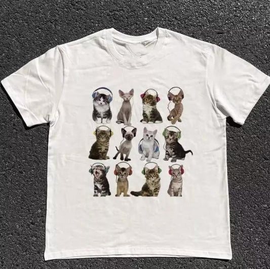 Cats HeadPhone T-Shirt, Unisex Vintage Graphic Tees Gothic Grunge Y2k Emo, Graphic tee, Fashion Cotton, Streetwear, Full Colors, For Men, For Women
