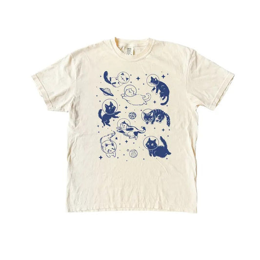 Cats In Space T Shirt - Vintage Graphic Tee - Cat Lover Tshirt - Funny Kitty Retro Shirt - Womenswear Top