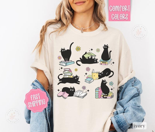Cats Reading Comfort Colors Shirt, Cat Lover Gift, Reading Tshirt