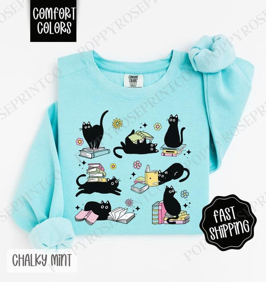Cats Reading Comfort Colors Sweatshirt, Cat Lover Gift, Readers Pullover