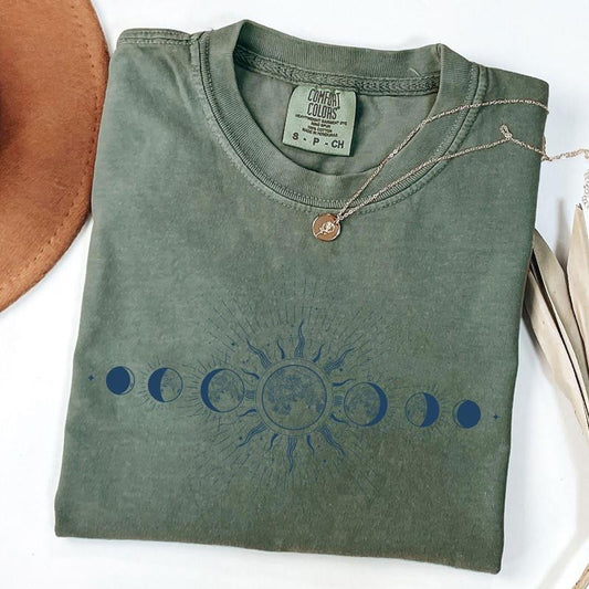 Celestial Comfort Colors Shirt, Moon Phase T-shirt, Boho Mystical Moon And Sun Tee, Boho Moon Outfit, Spiritual Moon Women Clothing Gifts