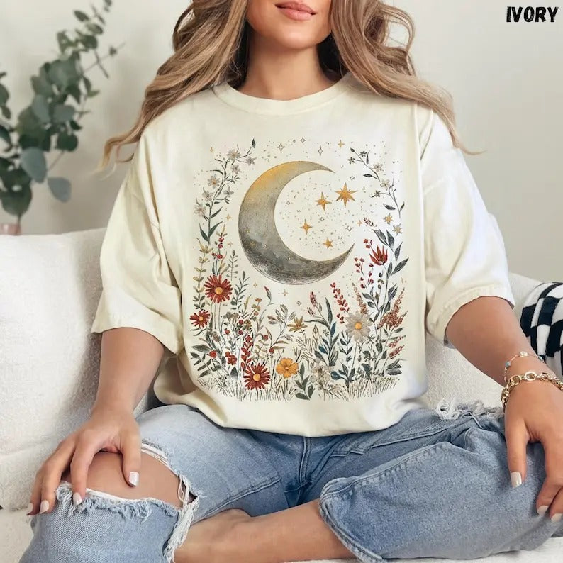 Celestial Moon & Stars Flowers Shirt, Boho Mystical Shirt, Vintage Shirt, Spiritual Moon Women Clothing Gifts Shirt Shortsleeve Womenswear