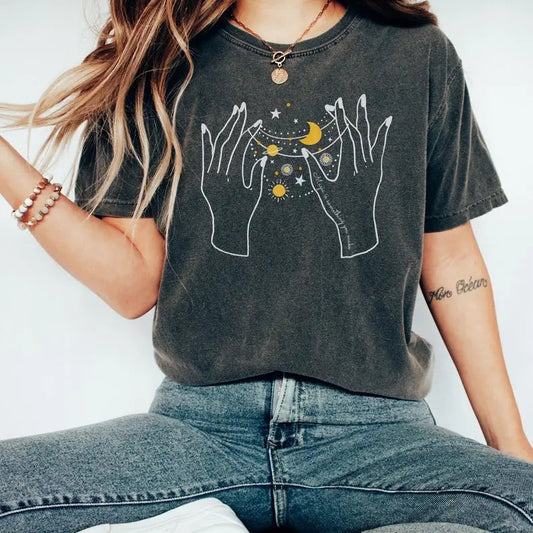 Celestial Shirt  Shirt Sun Moon Phase Tshirt Astrology Astronomy Tee Wild Flowers Boho Vintage Oversized Shirt Floral Shirt, Cotton Crewneck Shortsleeve