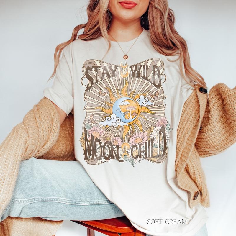 Celestial Tee, Western Retro T-Shirt, Vintage Style TShirt, Retro Wild Child, Feminist Shirt, Mushrooms, Sun Moon Boho Shirt