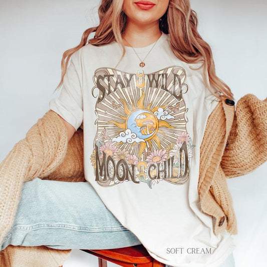 Celestial Tee, Western Retro T-Shirt, Vintage Style TShirt, Retro Wild Child, Feminist Shirt, Mushrooms, Sun Moon Boho Shirt