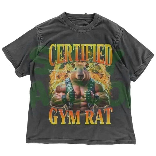 Certified Gym Rat Sarcastic Tee | Funny Capybara Shirt | Workout Meme T-Shirt | Ironic Weightlifting Tee  | Humorous Fitness Apparel