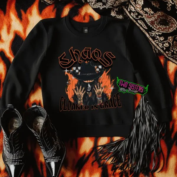Chaos Cloaked in Grace -  Black Crewneck Sweatshirt | Punk, Alt, Grunge, Goth, Skeleton, Western Style