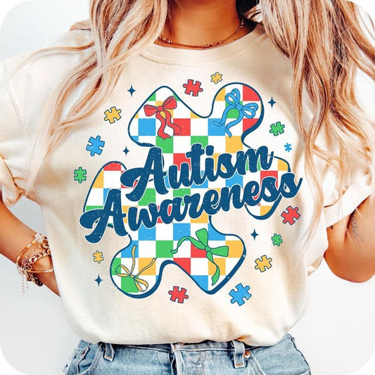 Checkered Autism Coquette T- Shirt, Autism Awareness T- Shirt, Autism T- Shirt, Autism Coquette Bow T- Shirt,...