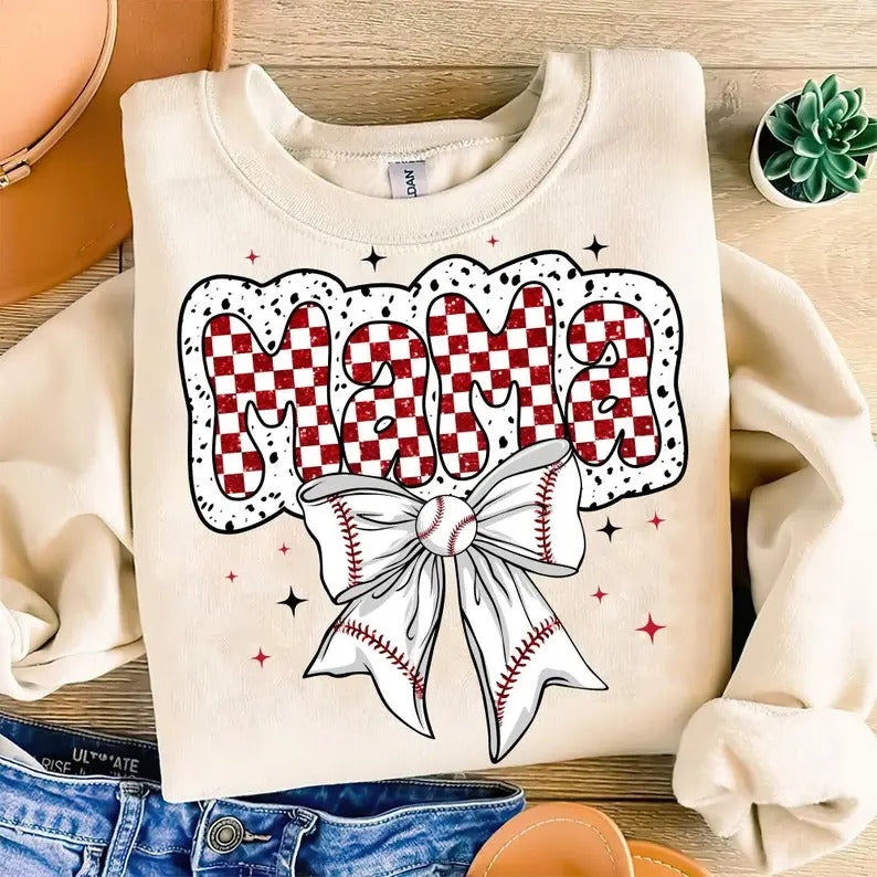Checkered Baseball Mama , Coquette Baseball , Game Day , Baseball Bow , Sports , Dalmatian Dots, Baseball Team Spirit Sweatshirt