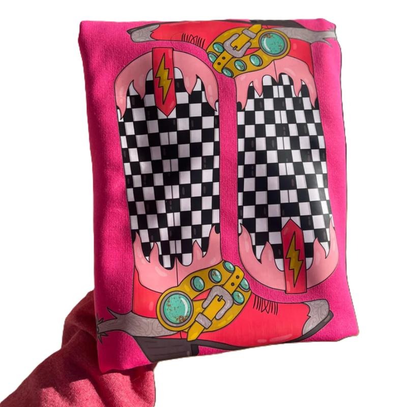 Checkered Boots Crewneck Sweatshirt western clothing stuff, western outfits women tops, country western girl clothes hoodies winter outfits for women