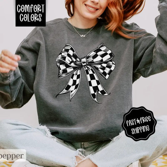 Checkered Bow Sweatshirt Comfort Colors, Race Day Crewneck, Racing Sweater Womenswear