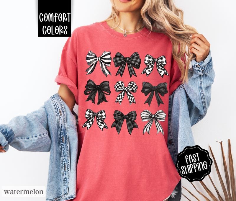 Checkered Bows Shirt Comfort Colors, Coquette Black Bow Tshirt, Cute Women's Tee