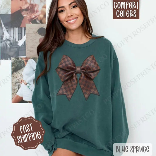 Checkered Coquette Bow Comfort Colors Sweatshirt, Bow Women's Crewneck, Cute Women's Sweater
