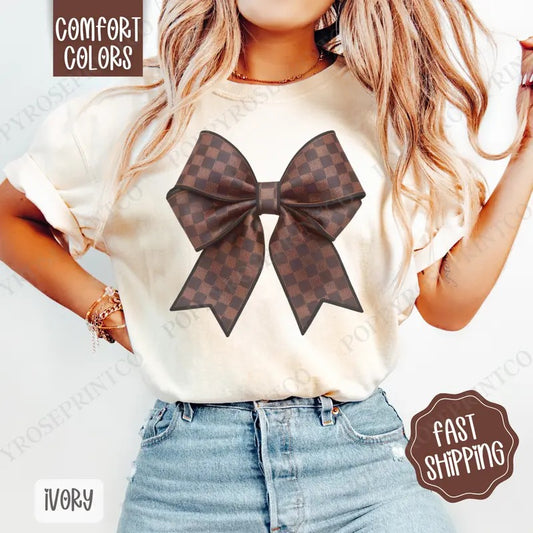 Checkered Coquette Bow Comfort Colors, Bow Women's Tee, Cute Women's Tshirt