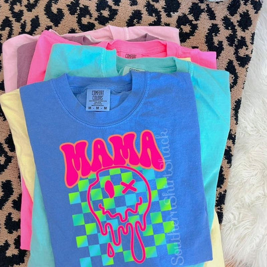 Checkered Drippy Smiley Mama t shirt  | Flo Blue comfort colors t shirt | Smiley mama t shirt
