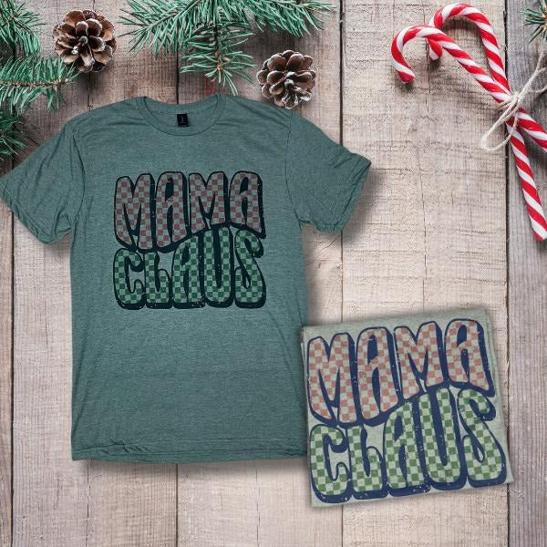 Checkered Mama Claus Tshirt- Soft Unisex Fit- Military Green