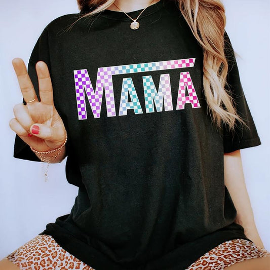Checkered Mama Vintage Tee, Checkered Lover Graphic Tee Women, Checkered Mom Unhinged Shirts For Women, Colored Checkered Shirt For Mom, Mama Outfit, Mother's Day Gifts, Women's Tops, Womenswear, Cotton Fabric Relaxed Fit Chic Style